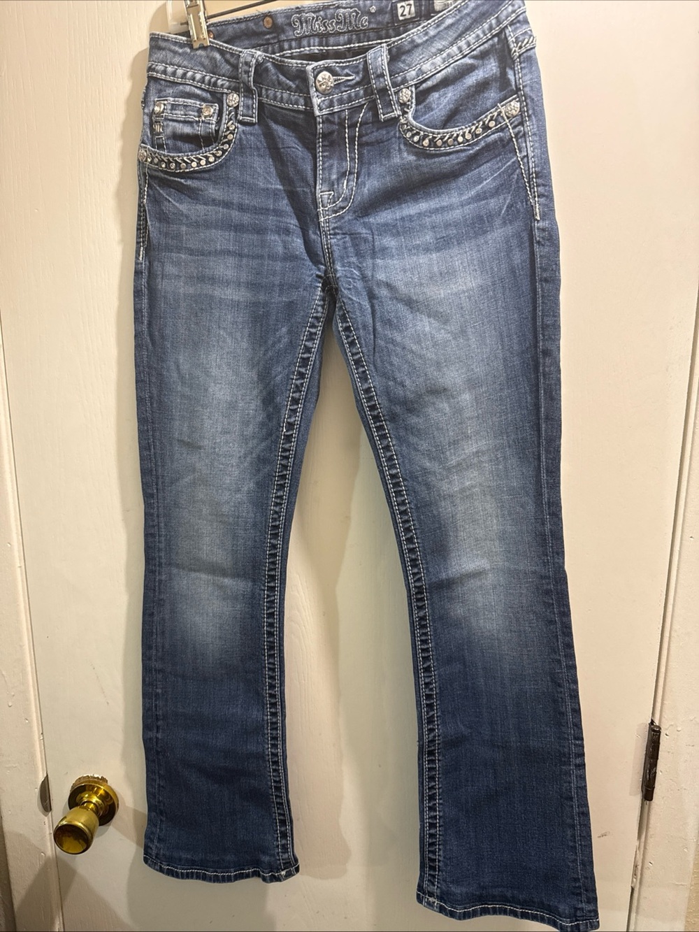 Miss Me Denim Bootcut Jeans with Embellished Bling Pockets - Medium Blue